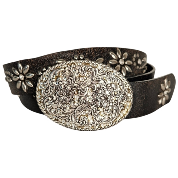 Nocona Distressed Black Leather Western Belt Floral Rhinestone Buckle L main image 5